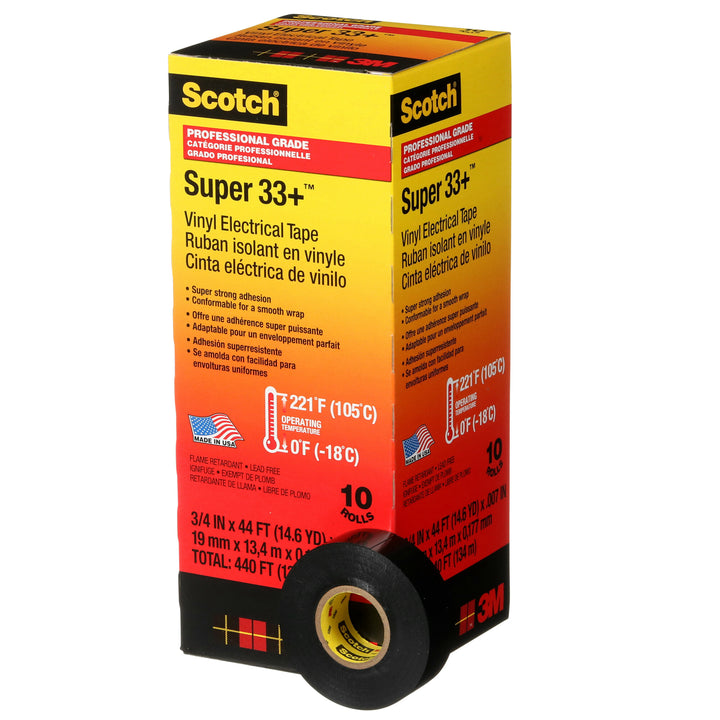 Scotch® Super 33+ Vinyl Electrical Tape, 3/4 in x 44 ft, Black, 10
rolls/carton