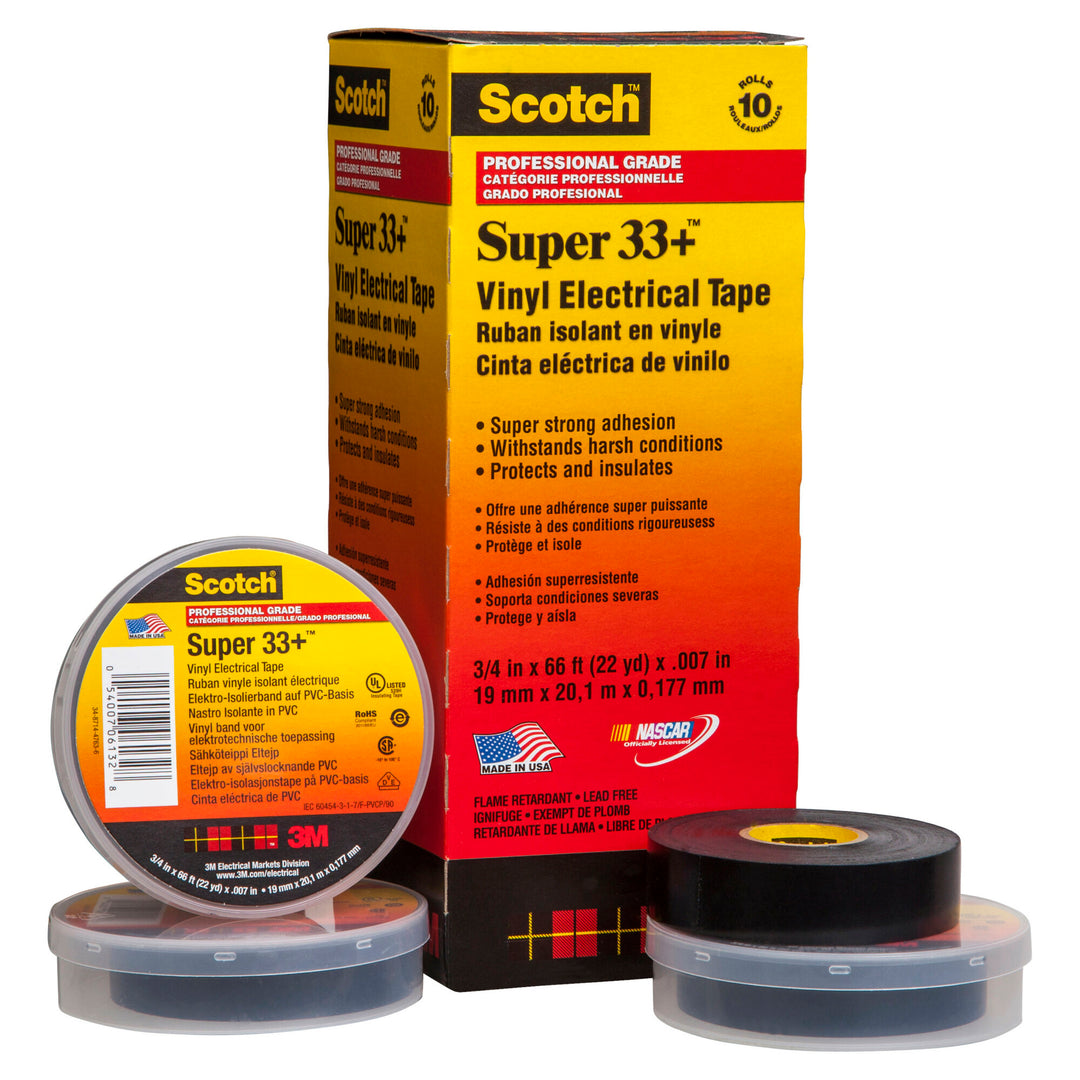 Scotch® Super 33+ Vinyl Electrical Tape, 3/4 in x 44 ft, Black, 10
rolls/carton