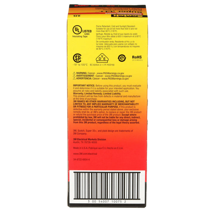 Scotch® Super 33+ Vinyl Electrical Tape, 3/4 in x 44 ft, Black, 10
rolls/carton