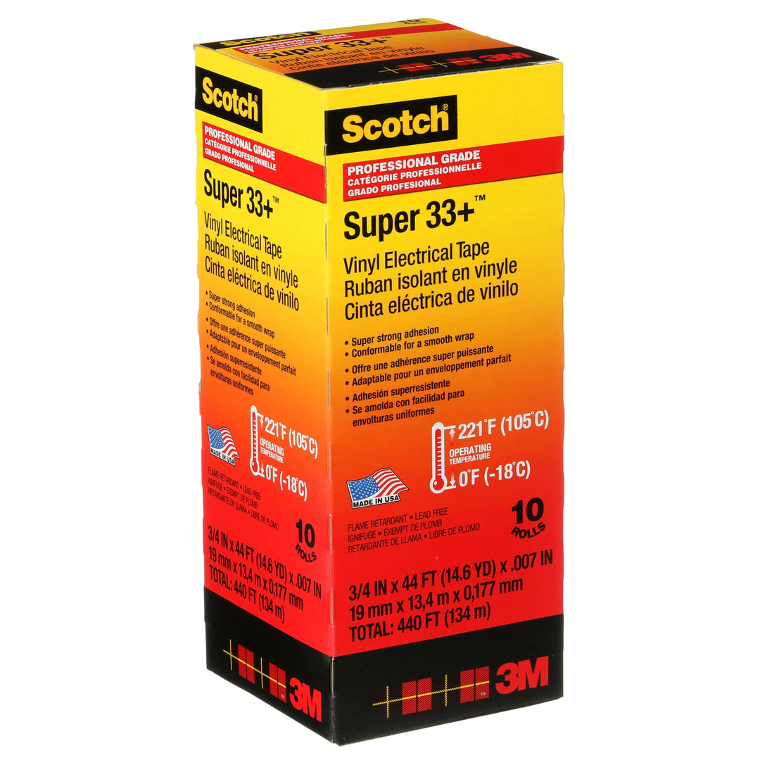 Scotch® Super 33+ Vinyl Electrical Tape, 3/4 in x 44 ft, Black, 10
rolls/carton