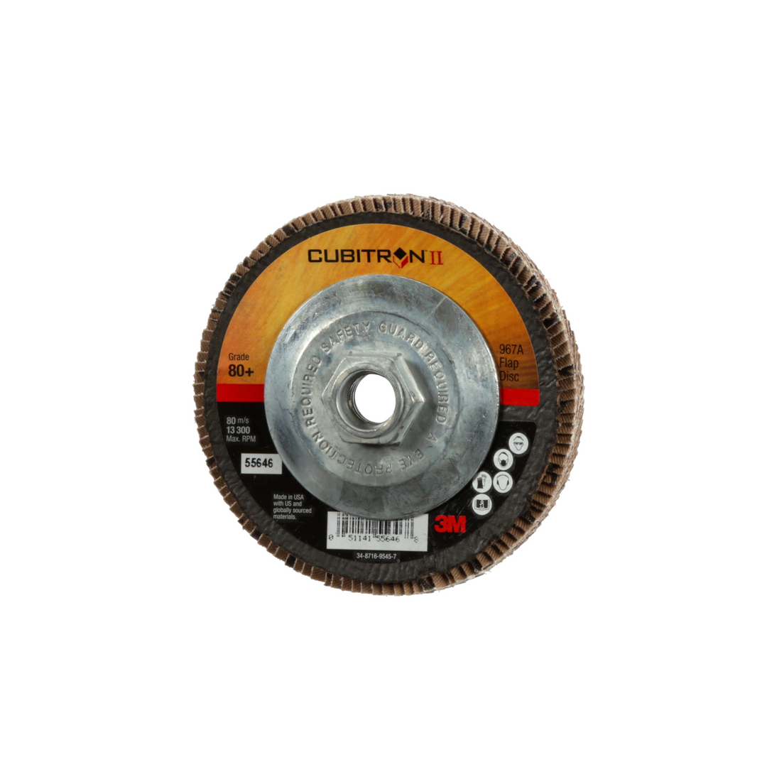 3M Cubitron II Flap Disc 967A, 80+, T29 Quick Change, 4-1/2 in x
5/8"-11, Giant