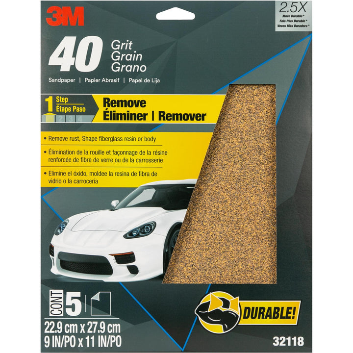 3M Sandpaper, 32118, 9 in x 11 in, 40 Grit, 5 sheets per pack