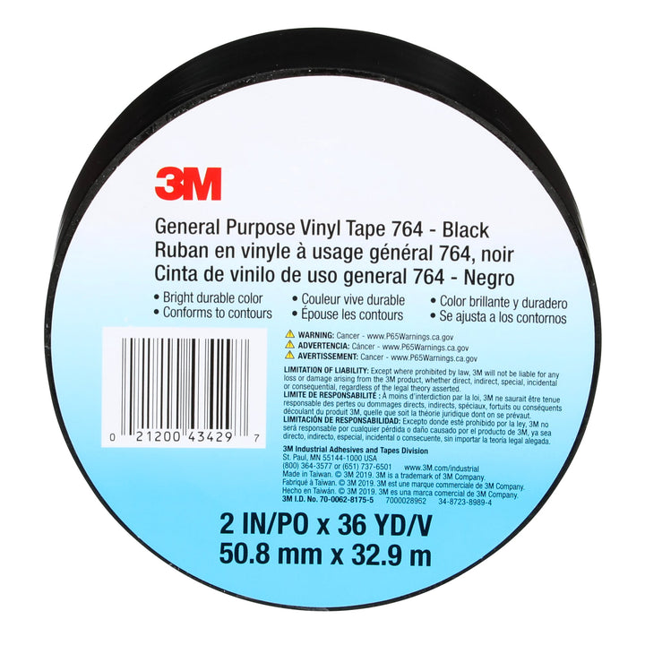3M General Purpose Vinyl Tape 764, Black, 3 in x 36 yd, 5 mil, 12 Roll/Case, 45 Cases Per Order