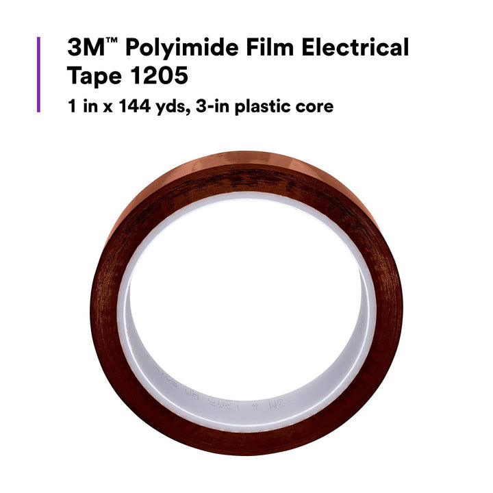 3M Polyimide Film Electrical Tape 1205, 1 in x 144 yds, 3-in plastic
core