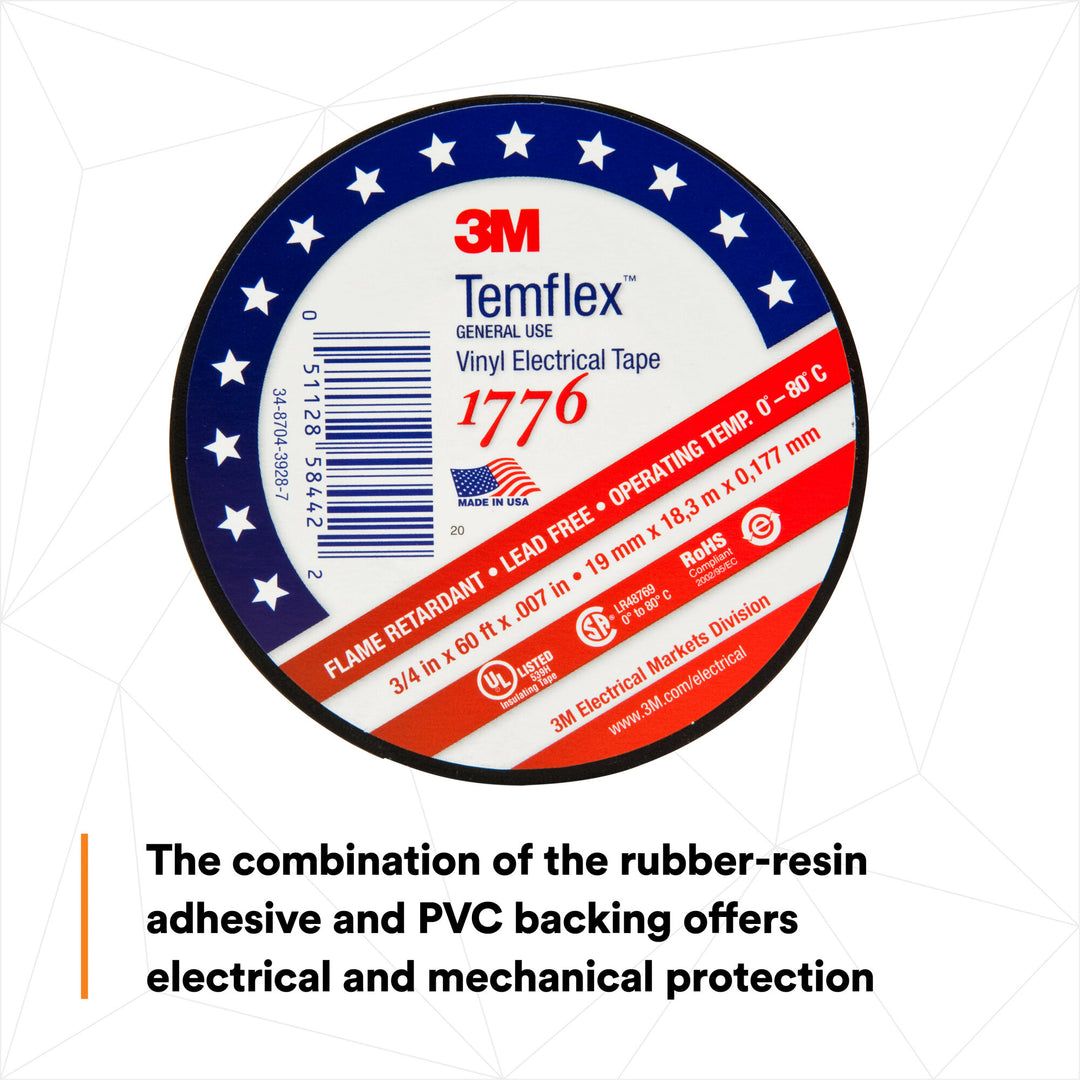 3M Temflex Vinyl Electrical Tape 1776, 3/4 in x ‎60 ft, 1-1/2 in Core,
Black