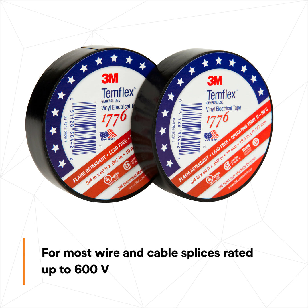3M Temflex Vinyl Electrical Tape 1776, 3/4 in x ‎60 ft, 1-1/2 in Core,
Black