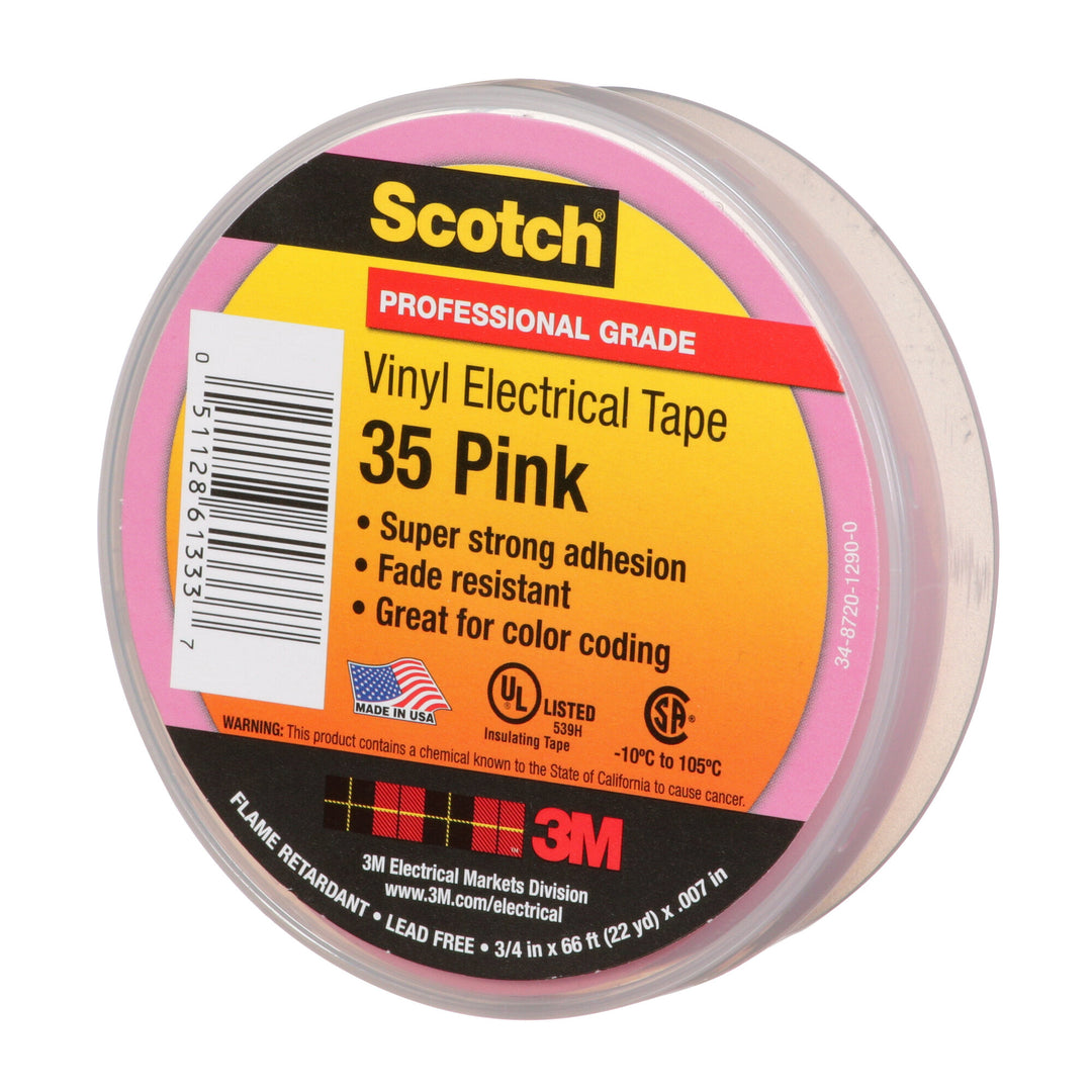 Scotch® Vinyl Color Coding Electrical Tape 35, 3/4 in x 66 ft, Pink