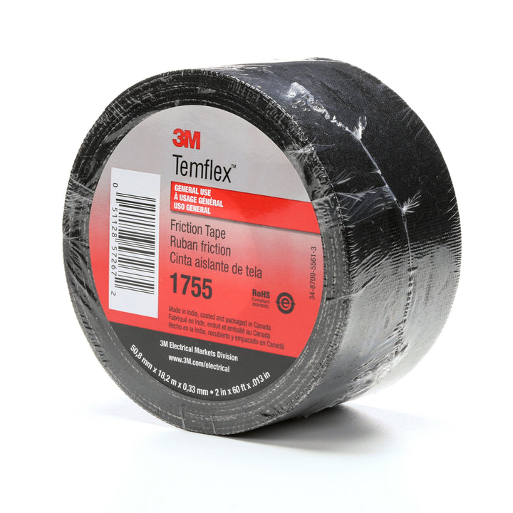 3M Temflex Cotton Friction Tape 1755, 2 in x 60 ft, Black