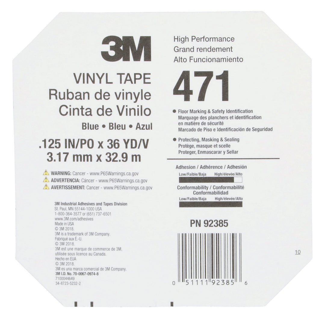 3M Vinyl Tape 471, Blue, 1/8 in x 36 yd, 5.2 mil