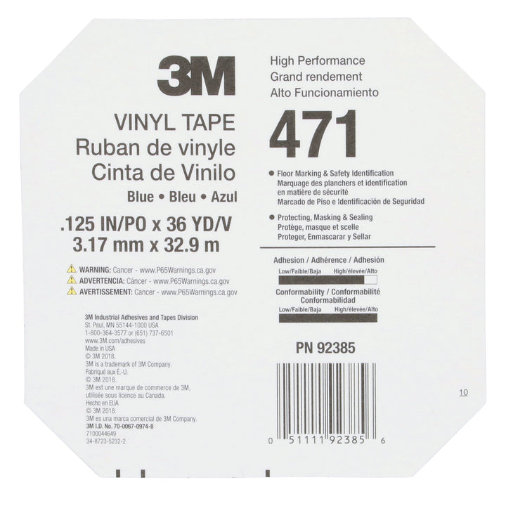 3M Vinyl Tape 471, Blue, 1/8 in x 36 yd, 5.2 mil