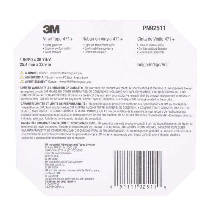 3M Vinyl Tape 471+, Indigo, 1 in x 36 yd, 5.3 mil, 36 rolls per case,PN2511