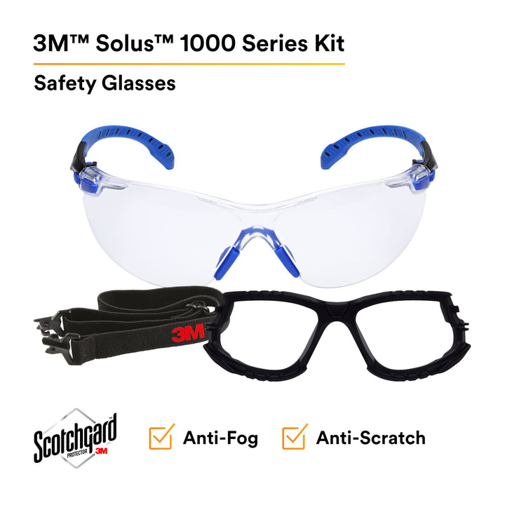3M Solus Safety Glasses 1000-Series S1101SGAF-KT, Kit, Foam, Strap,Black/Blue