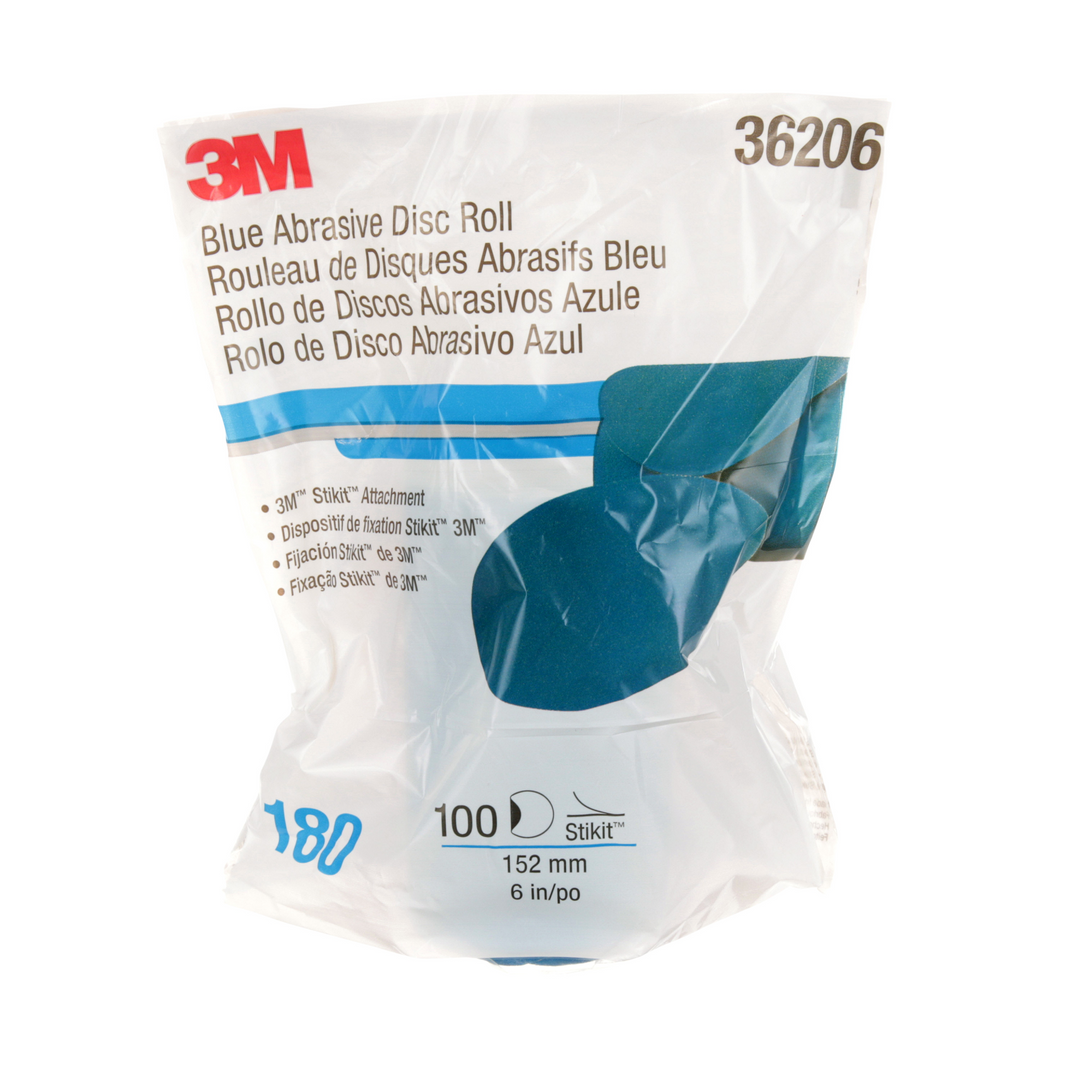 3M Stikit Blue Abrasive Disc Roll, 36206, 6 in, 180 grade, 100 discs
per roll