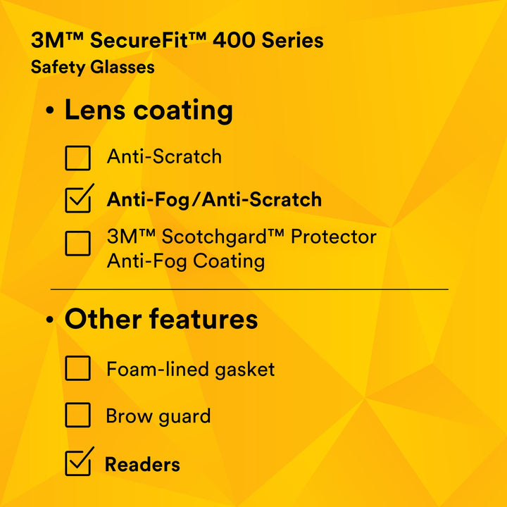 3M SecureFit Protective Eyewear SF420AF, Clear Lens, +2.0 Diopter
