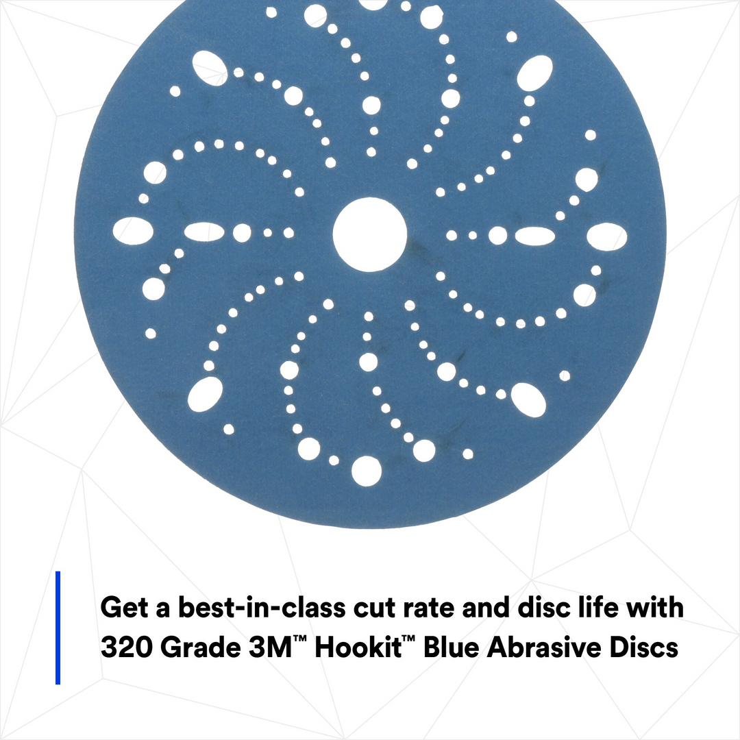 3M Hookit Blue Abrasive Disc 321U, 36180, 6 in, 320 grade, Multi-hole