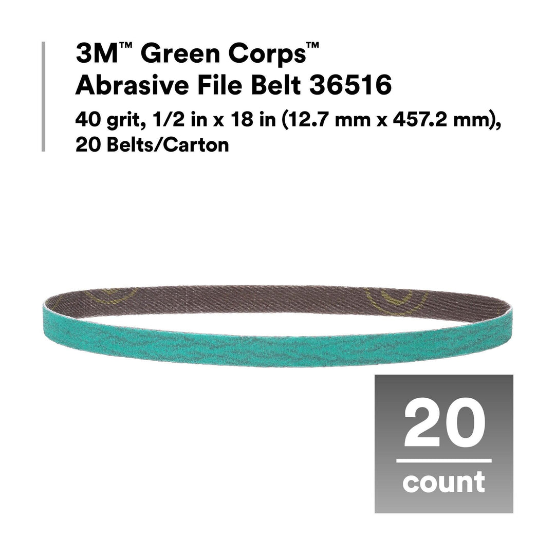 3M Green Corps Abrasive File Belt 36516, 40 grit, 1/2 in x 18 in