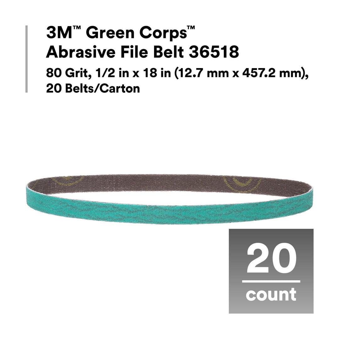 3M Green Corps Abrasive File Belt 36518, 80 Grit, 1/2 in x 18 in