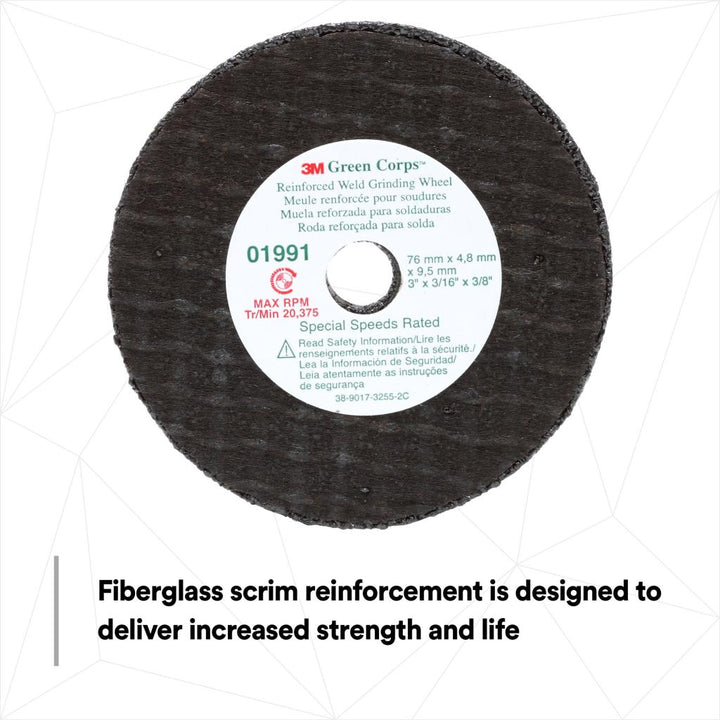 3M Green Corps Reinforced Weld Grinding Wheel 01991, 3 in x 0.22 in x
3/8 in