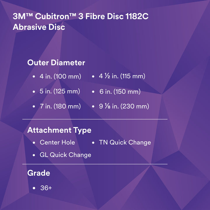 3M Cubitron 3 Fibre Disc 1182C, 36+, TN Quick Change, 4-1/2 in, Die450E