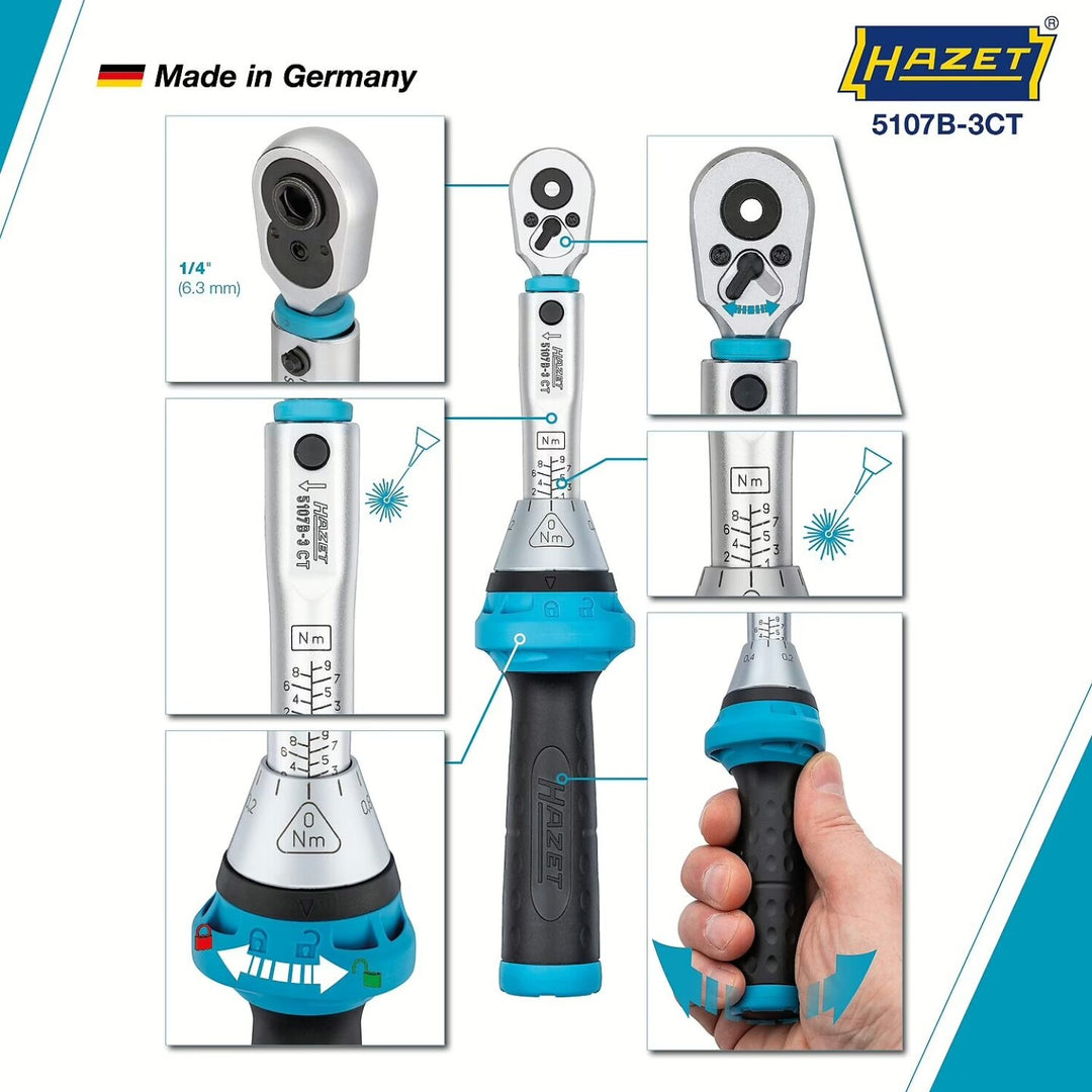 Hazet 5107B-3CT 1/4 inch (6.3 mm) hexagon ∙ hollow Torque wrench with reversible ratchet for screwdriver bits ∙ 1 – 9 Nm ∙ ±4%
