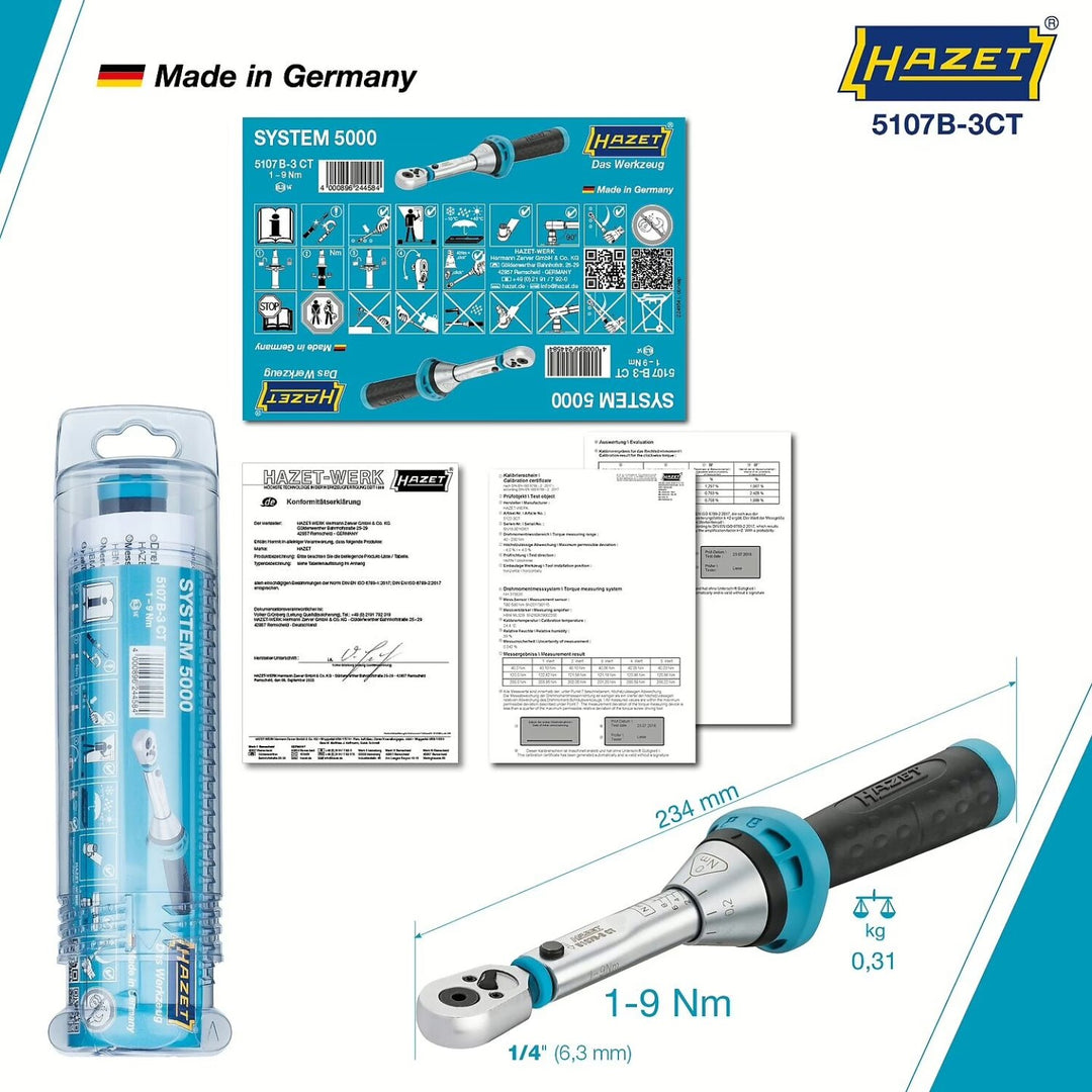 Hazet 5107B-3CT 1/4 inch (6.3 mm) hexagon ∙ hollow Torque wrench with reversible ratchet for screwdriver bits ∙ 1 – 9 Nm ∙ ±4%