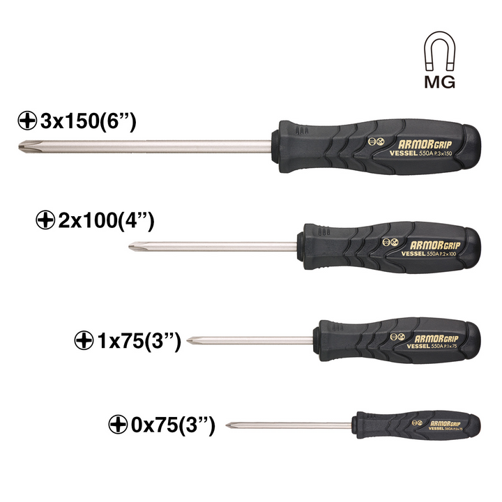 Vessel Tools 550APH4PBU ARMOR GRIP Screwdriver Set, 4 Pc.