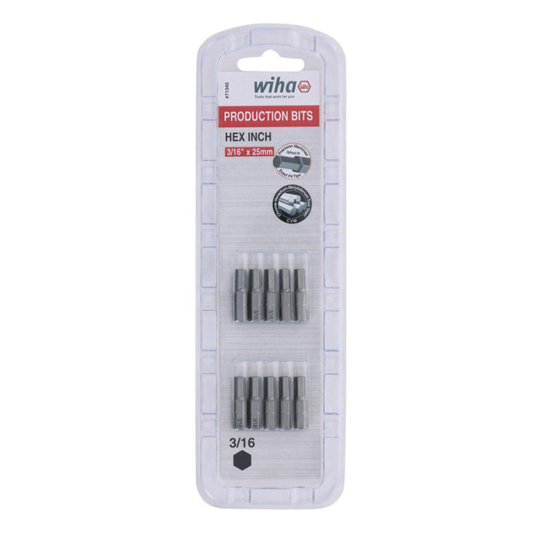 Wiha Tools 71345 Hex Inch Insert Bits, 3/16" x 25 mm, 10 Pk.