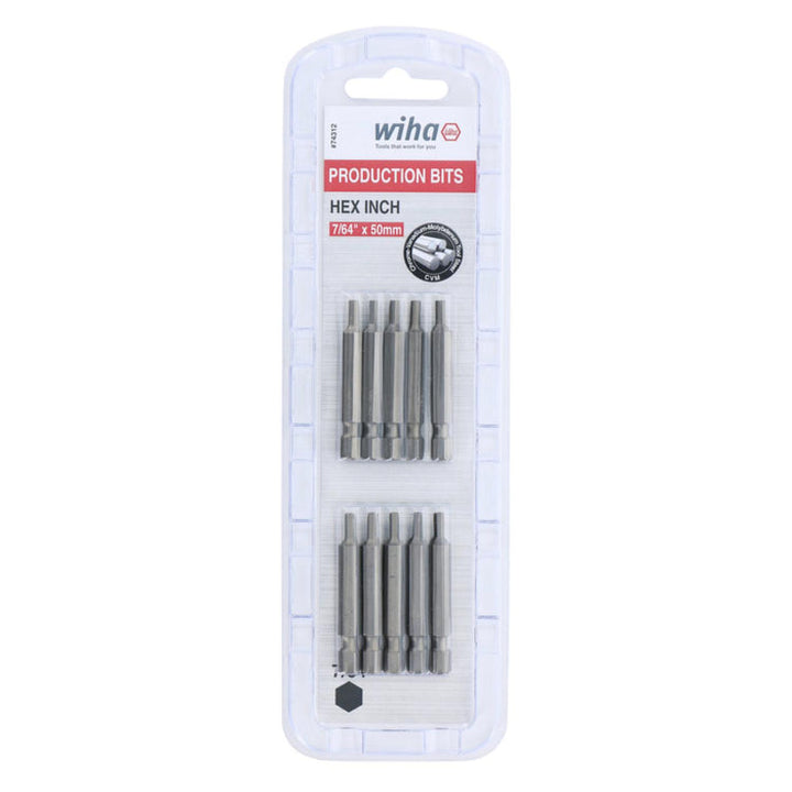 Wiha Tools 74312 Hex Inch Power Bit, 7/64" x 50 mm, 10 Pk.