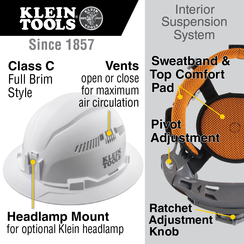 Klein Tools 60921 Hard Hat, Vented, Full Brim Style, Red