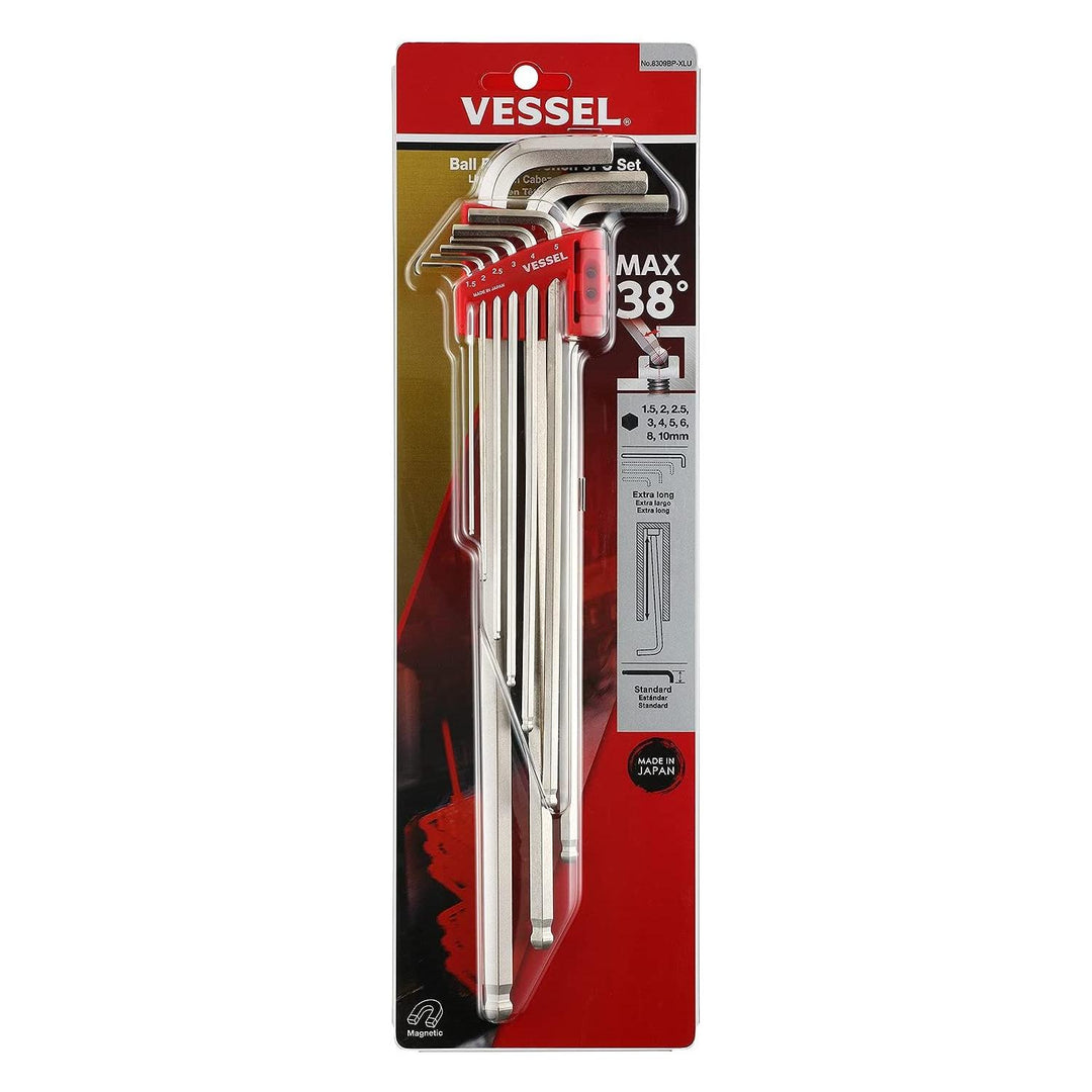 Vessel Tools 8309BPXLU Ball Point Hex L-Key Wrench (Extra Long Type) 9 Piece Set