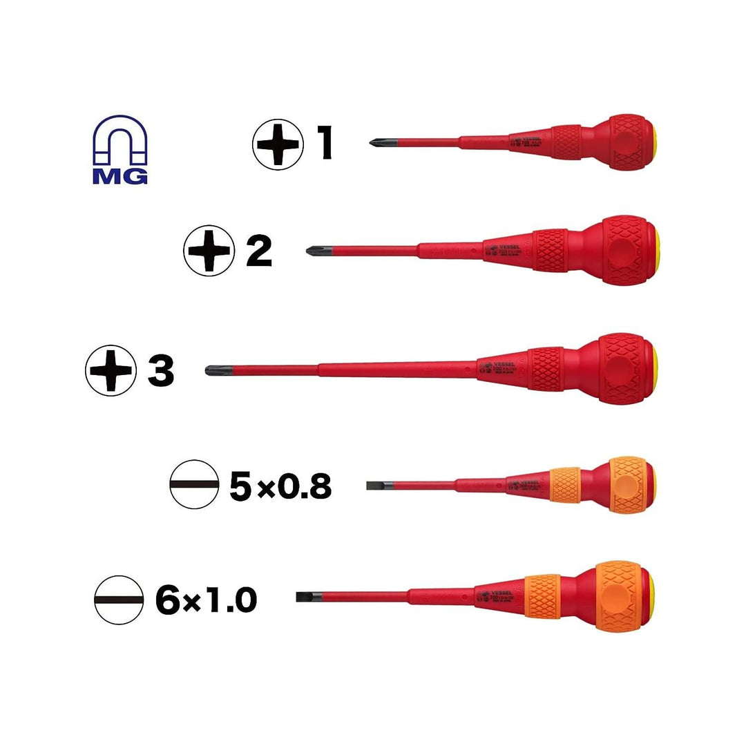 Vessel Tools 2005PBU BALL GRIP Insulated Screwdriver 5 Piece Set