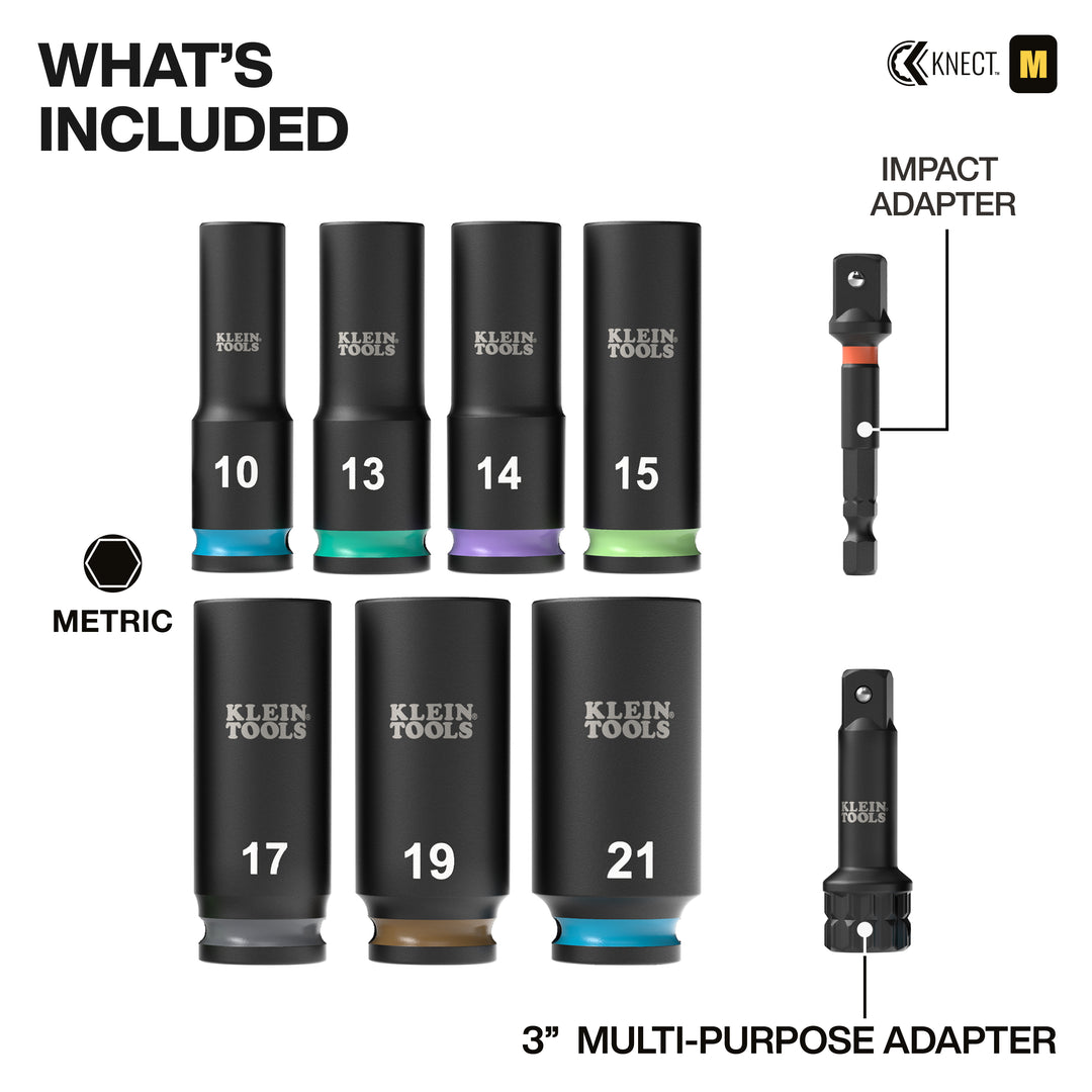 Klein Tools 65109IMPCTM KNECT Deep-Well 3/8" Drive Impact Socket Set, Metric, 9 Pc.
