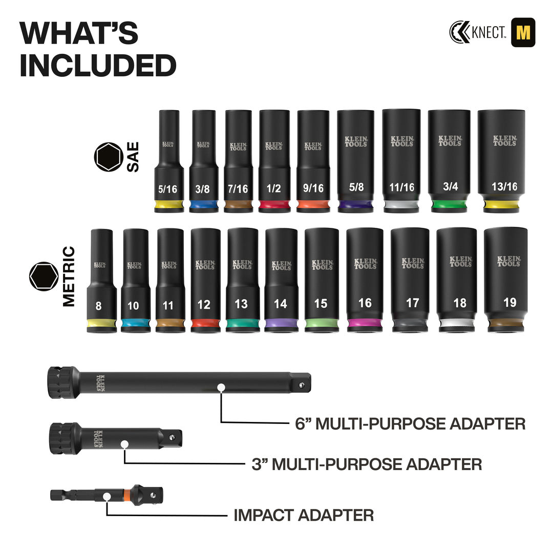 Klein Tools 65121IMPCT KNECT Deep-Well 3/8" Drive Socket Set, SAE and Metric, 23 Pc.