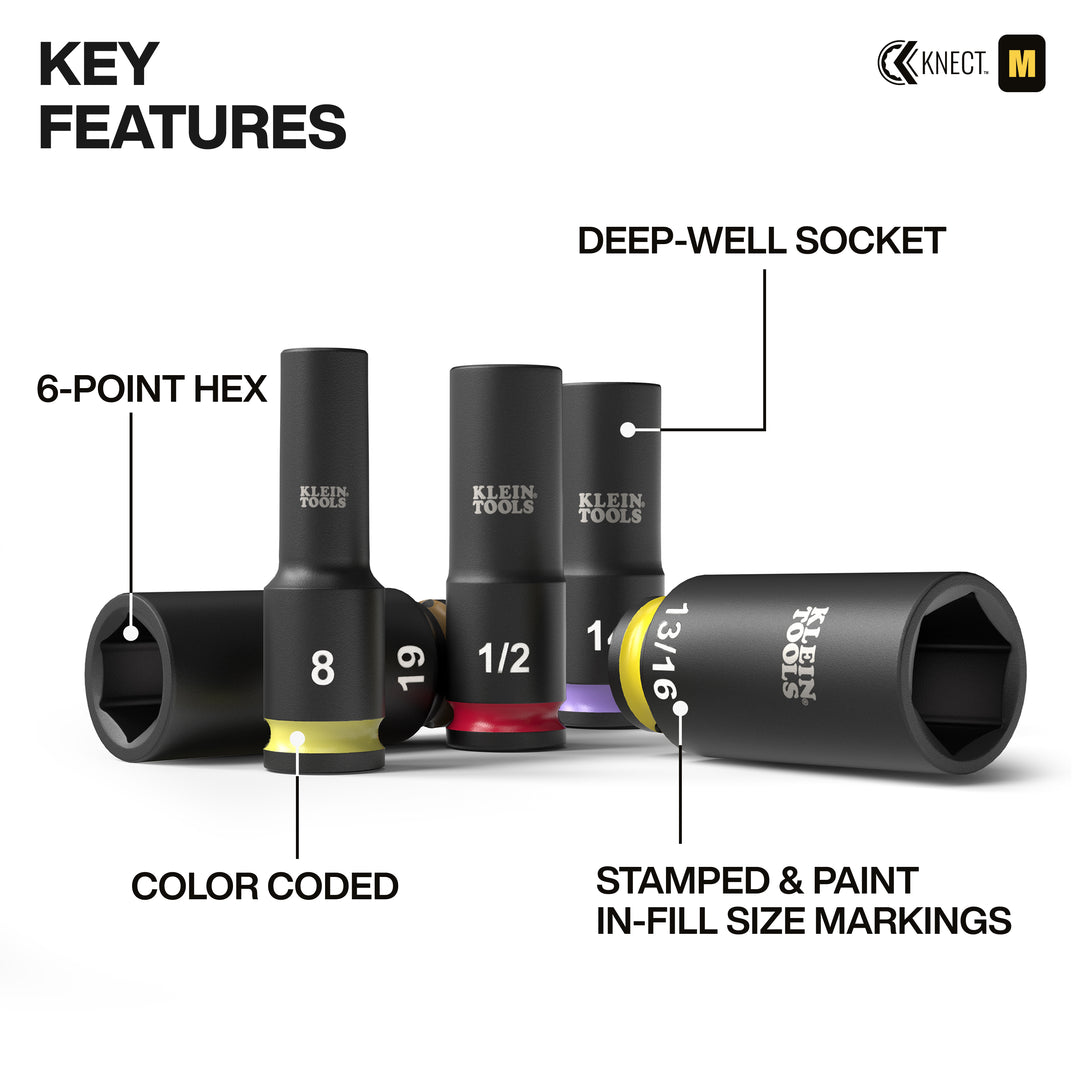 Klein Tools 65121IMPCT KNECT Deep-Well 3/8" Drive Socket Set, SAE and Metric, 23 Pc.