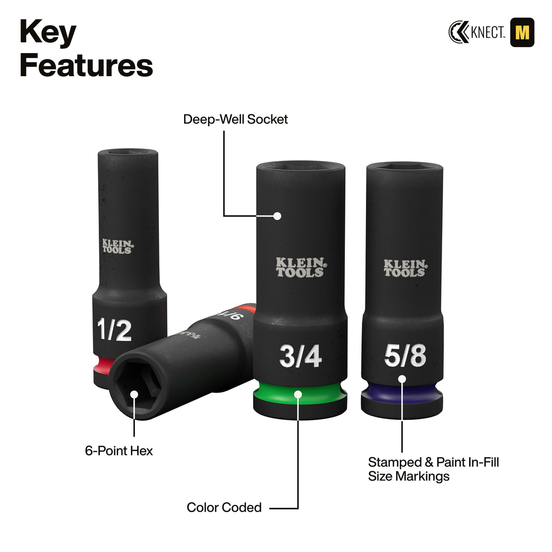 Klein Tools 65123HD KNECT 1/2" Deep-Well Impact Socket Set, SAE / Metric, 28 Pc.
