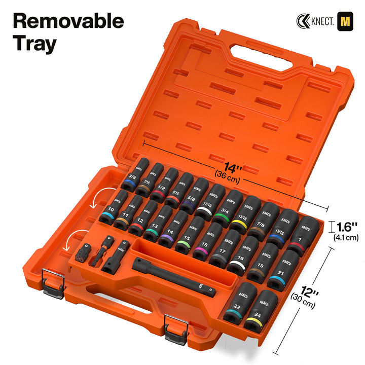 Klein Tools 65123HD KNECT 1/2" Deep-Well Impact Socket Set, SAE / Metric, 28 Pc.