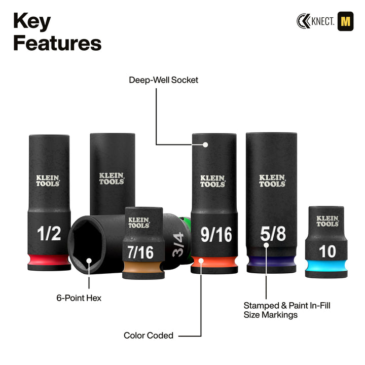 Klein Tools 65148HD KNECT 3/8" Deep and Shallow Impact Socket Set, SAE / Metric, 44 Pc.