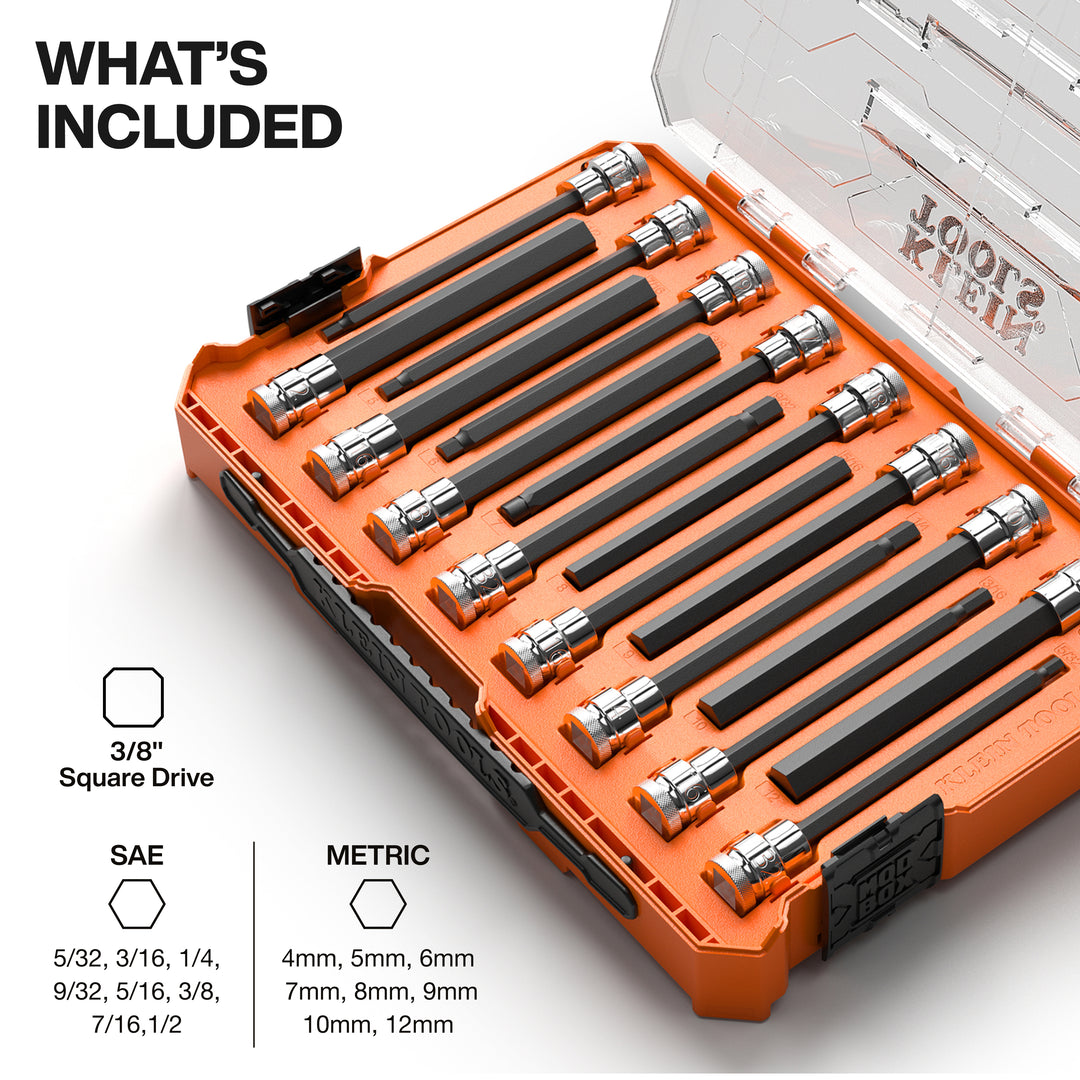 Klein Tools 652216HEXL Long Hex Bit Socket Set, SAE and Metric, 16 Pc.