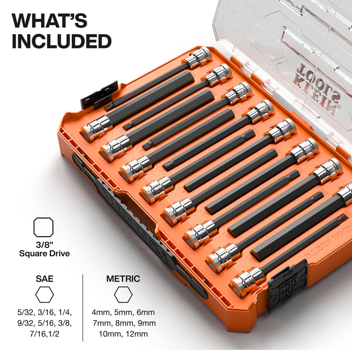 Klein Tools 652216HEXL Long Hex Bit Socket Set, SAE and Metric, 16 Pc.