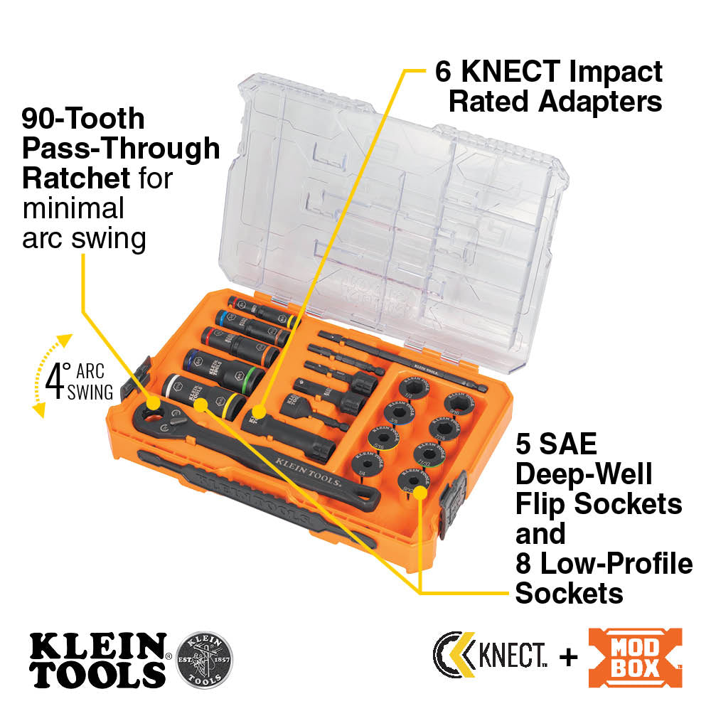 Klein Tools 65240 KNECT Impact Pass Through and Deep-Well Flip Socket Set, 20 Pc.