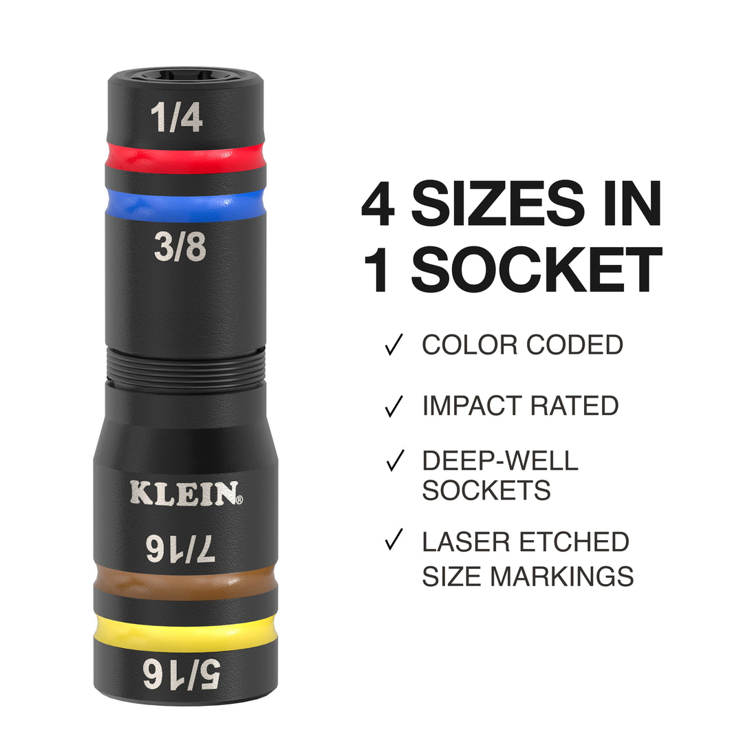 Klein Tools 652QS Quad-8 Deep-Well Heavy-Duty Impact Flip Sockets, SAE, 3 Pc.
