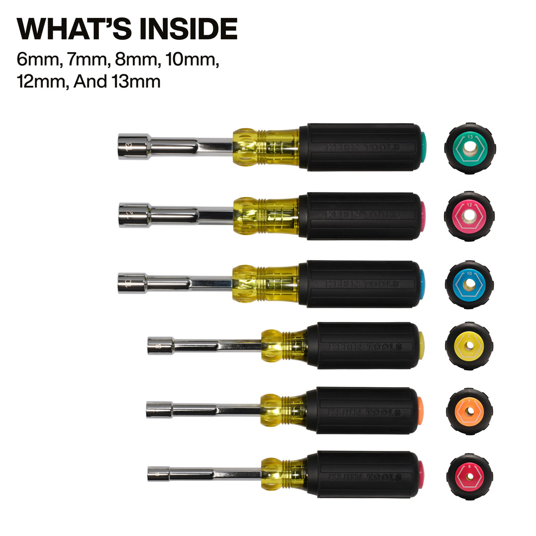 Klein Tools 65456M Metric Color-Coded Hollow-Shaft Heavy-Duty Nut Driver Set, 6 Pc.