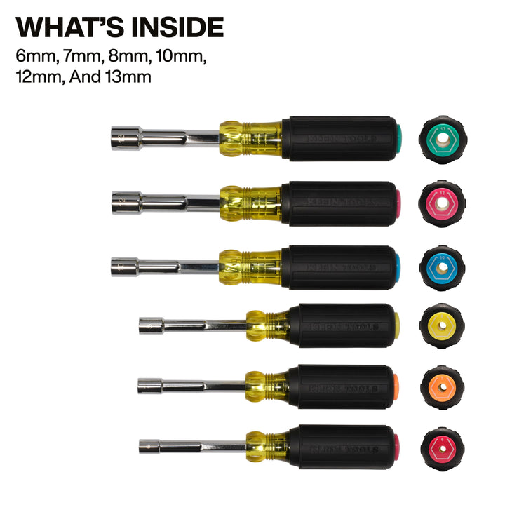 Klein Tools 65456MAGM Metric Magnetic Color-Coded Hollow-Shaft Heavy-Duty Nut Driver Set, 6 Pc.