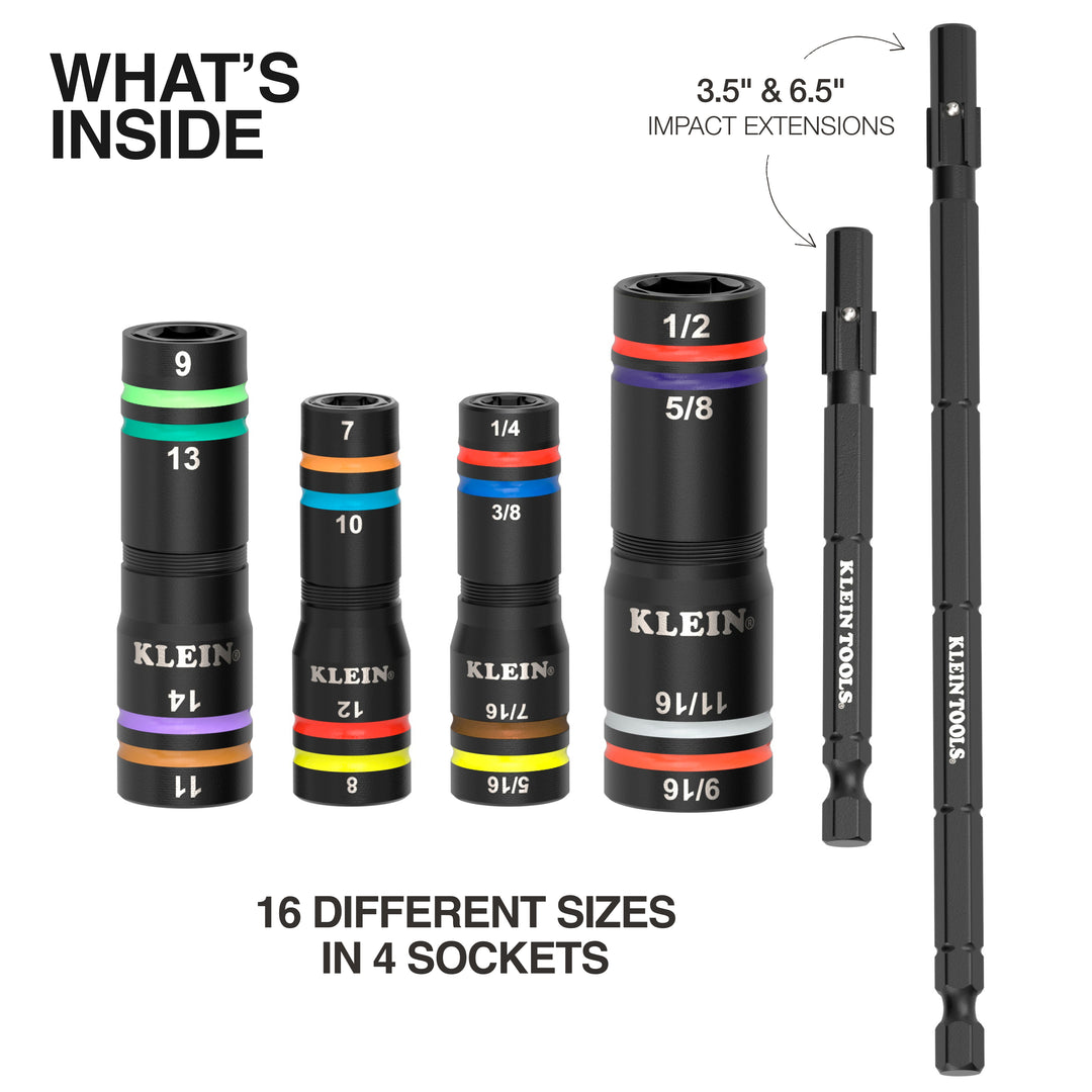 Klein Tools 654QS KNECT Quad-16 Heavy-Duty Impact Flip Sockets, SAE and Metric, 6 Pc.