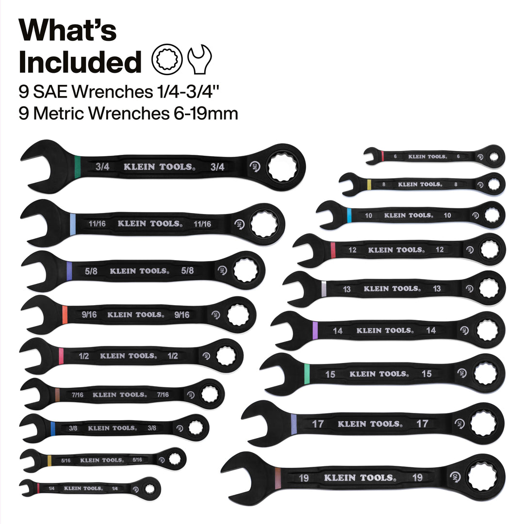 Klein Tools 69418CG Ratcheting Combination Wrench Set, SAE / Metric, 18 Pc.