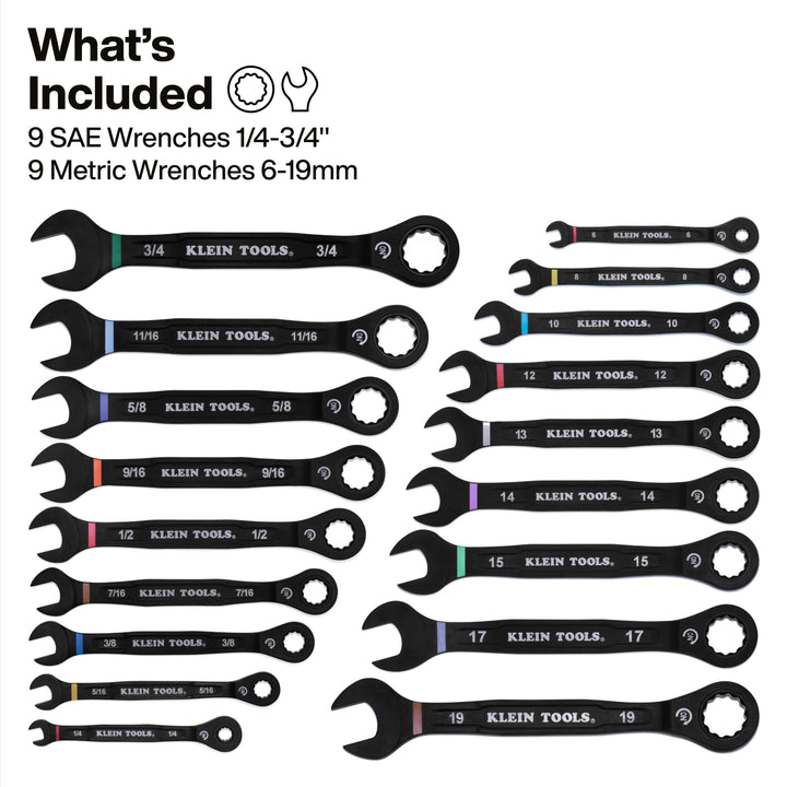 Klein Tools 69418CG Ratcheting Combination Wrench Set, SAE / Metric, 18 Pc.