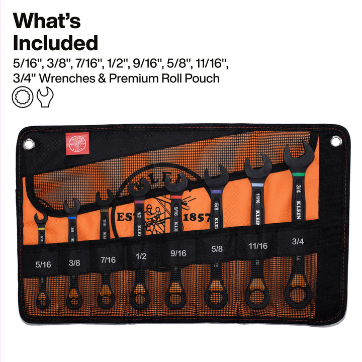 Klein Tools 69508 Ratcheting Combination Slide-Lock Wrench Set, SAE, 8 Pc.