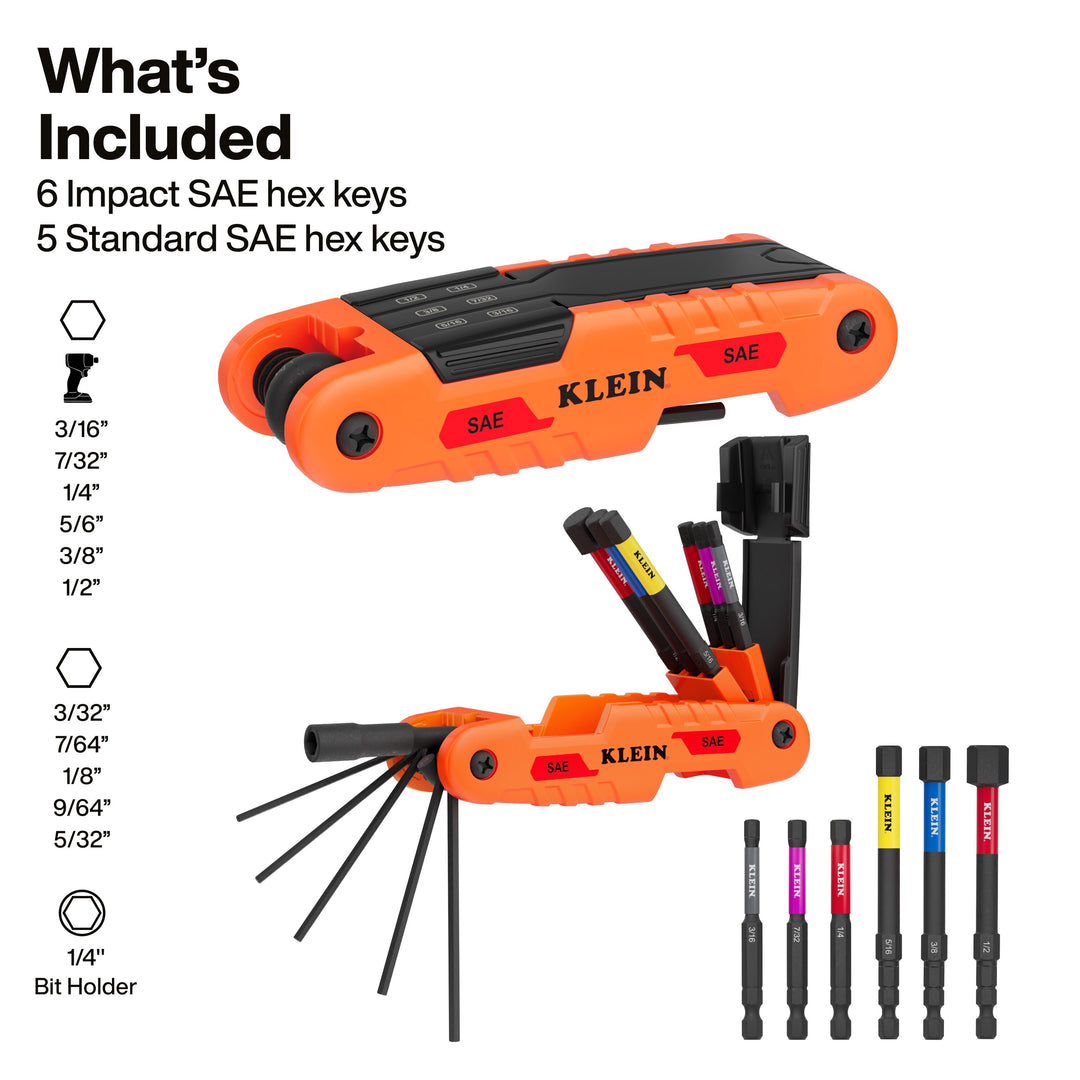 Klein Tools 70550HD Extended Reach Impact Folding Hex Key Set, SAE