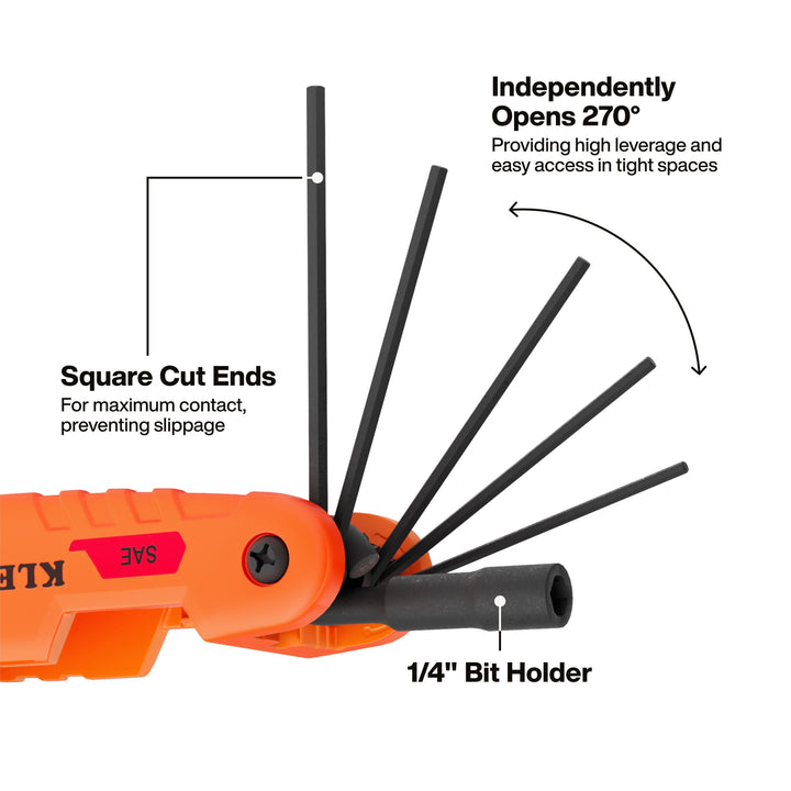 Klein Tools 70550HD Extended Reach Impact Folding Hex Key Set, SAE