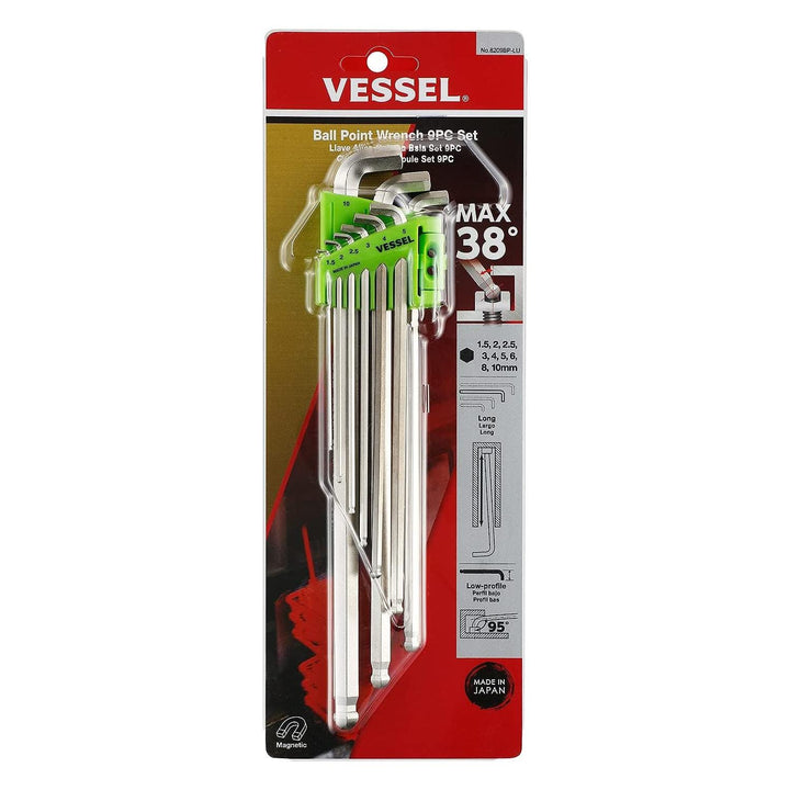 Vessel Tools 8209BPLU Ball Point Hex L-Key Wrench Stubby 9 Piece Set